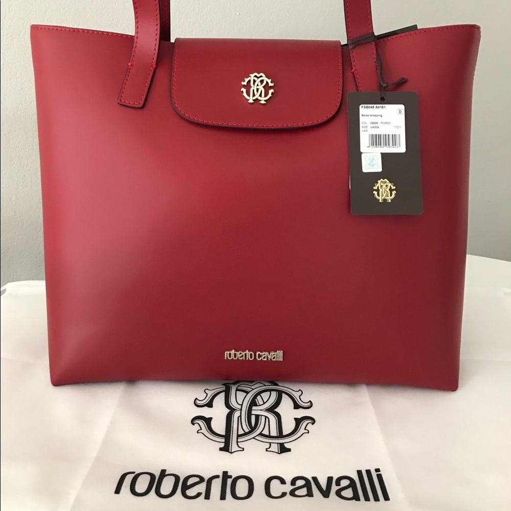 NEW Roberto Cavalli Leather Tote Bag Red